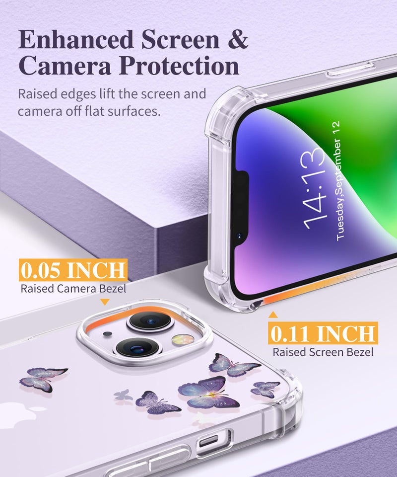 GVIEWIN for iPhone 14 Case Floral, with Screen Protector+Camera Lens Protector, [Non Yellowing]Soft Shockproof Clear Phone Protective Cover Women, Flower Pattern Design 6.1"(Alluring Butterfly/Purple) - Image 5