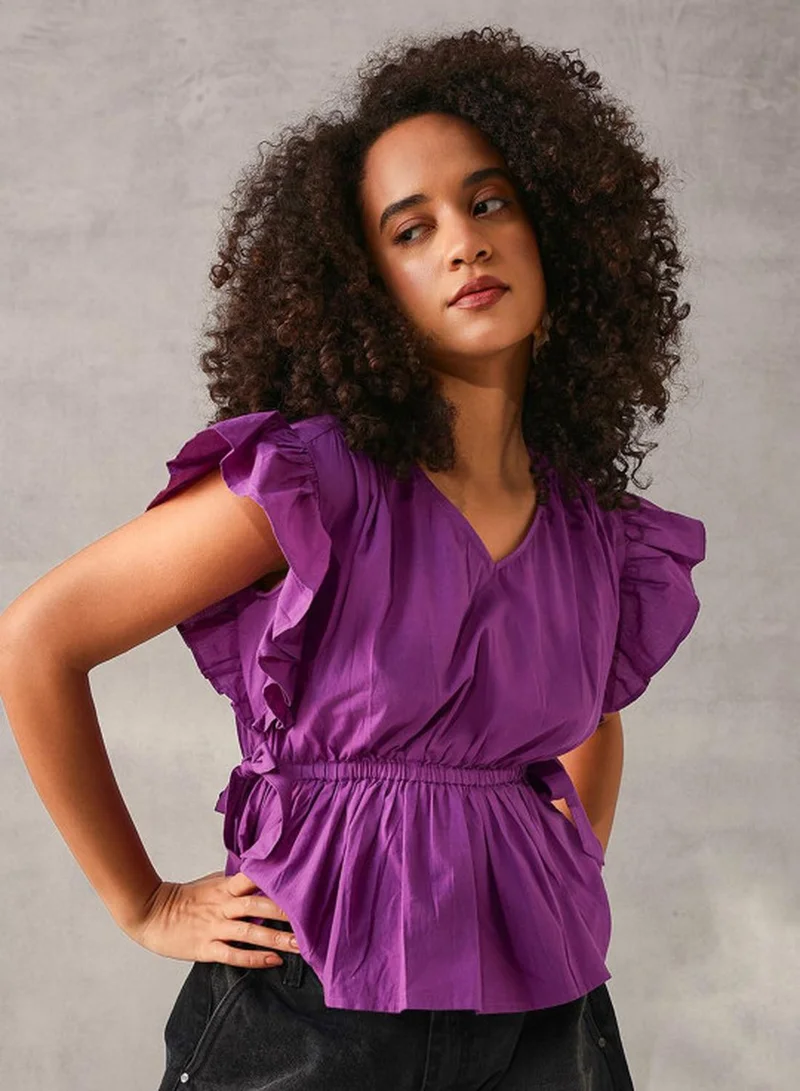 آي شين Women's Purple Cotton Linen Solid Tunic Regular Fit Tops