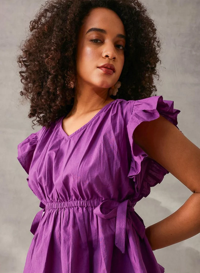 آي شين Women's Purple Cotton Linen Solid Tunic Regular Fit Tops