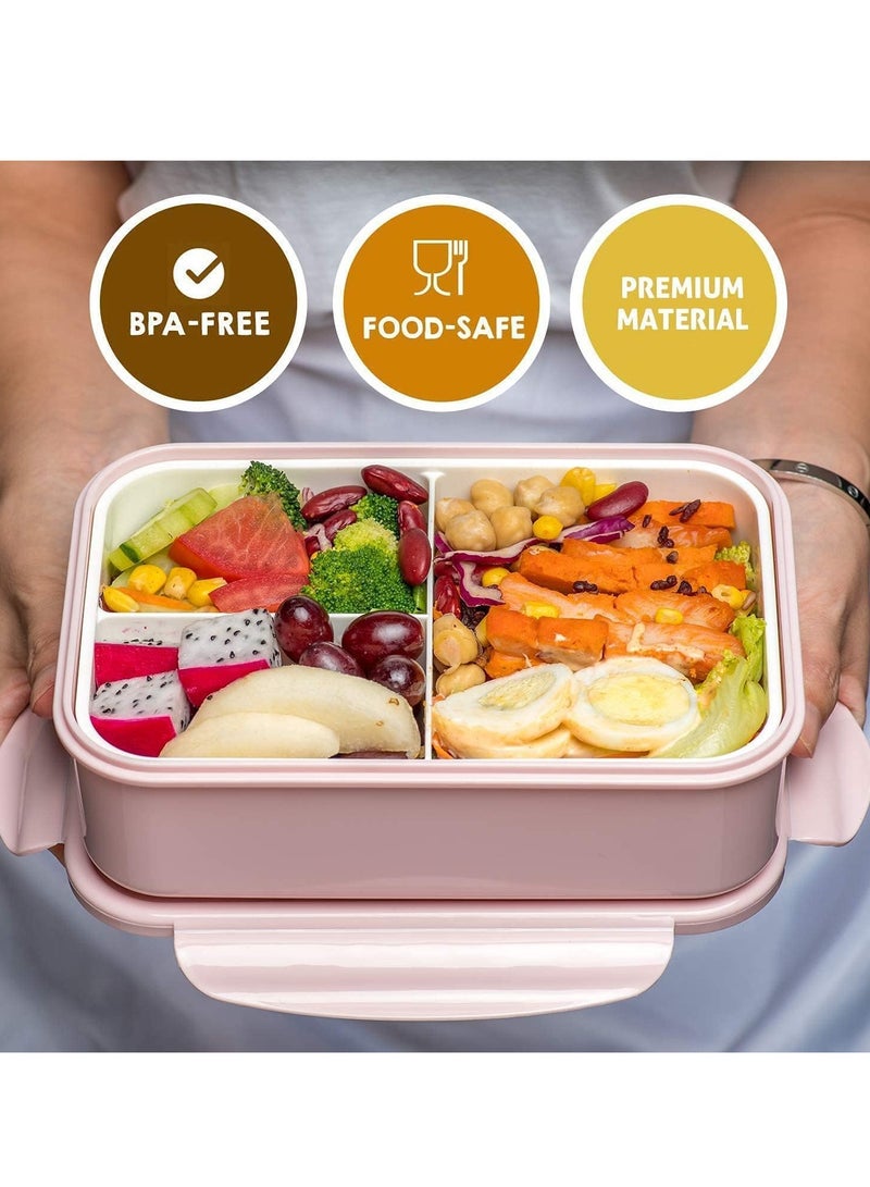 Bento Box, 3 Compartments 1400ml Lunch Box For Kids and Adults with Reusable Spoon and Fork, Leakproof Food Container for On the Go Meal, Microwave Safe (Pink)
