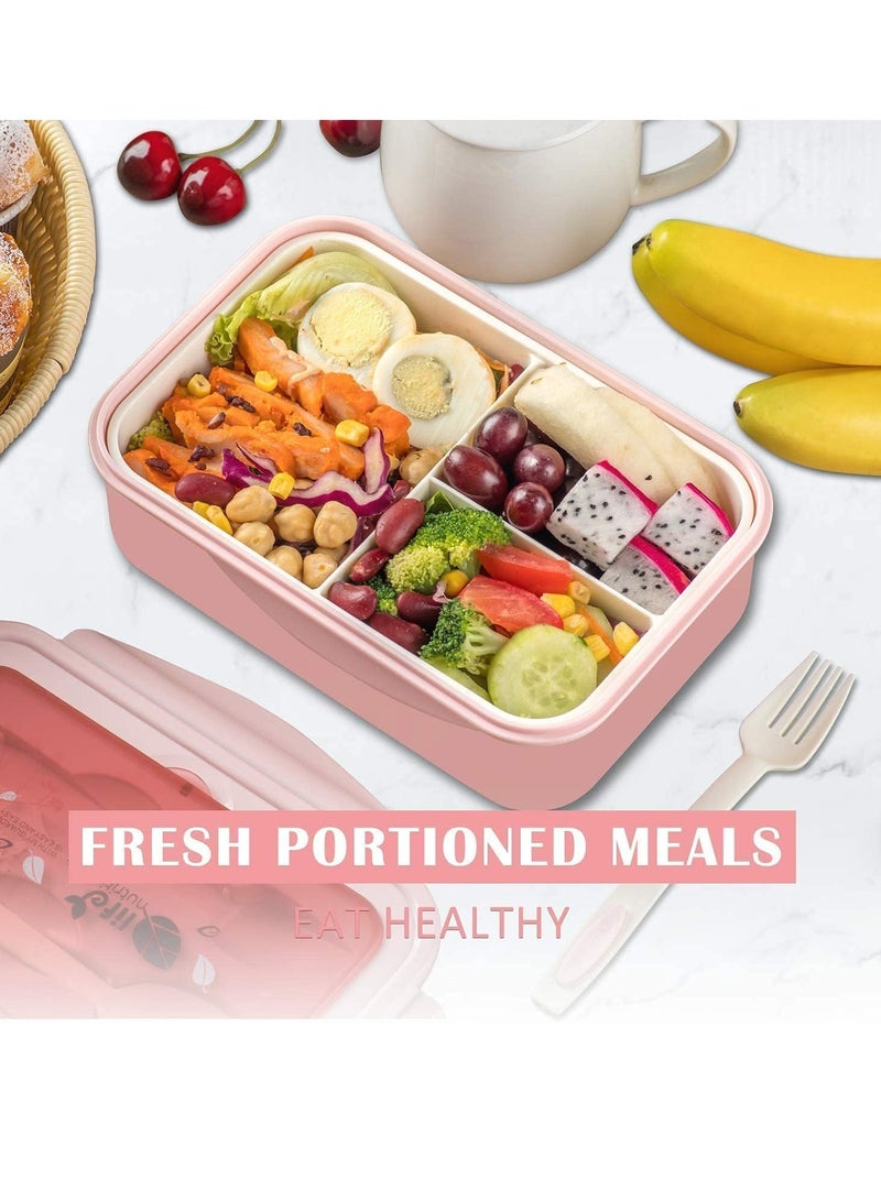Bento Box, 3 Compartments 1400ml Lunch Box For Kids and Adults with Reusable Spoon and Fork, Leakproof Food Container for On the Go Meal, Microwave Safe (Pink)