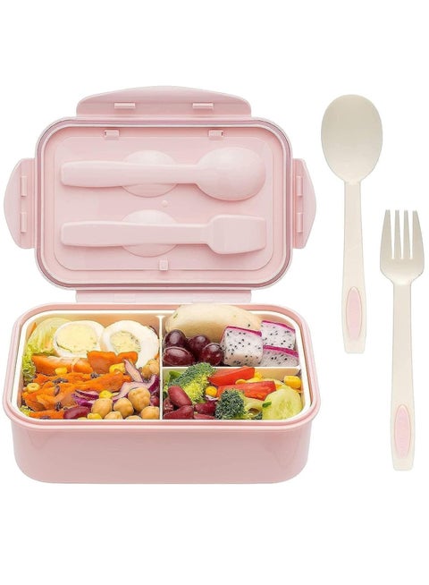 Bento Box, 3 Compartments 1400ml Lunch Box For Kids and Adults with Reusable Spoon and Fork, Leakproof Food Container for On the Go Meal, Microwave Safe (Pink)
