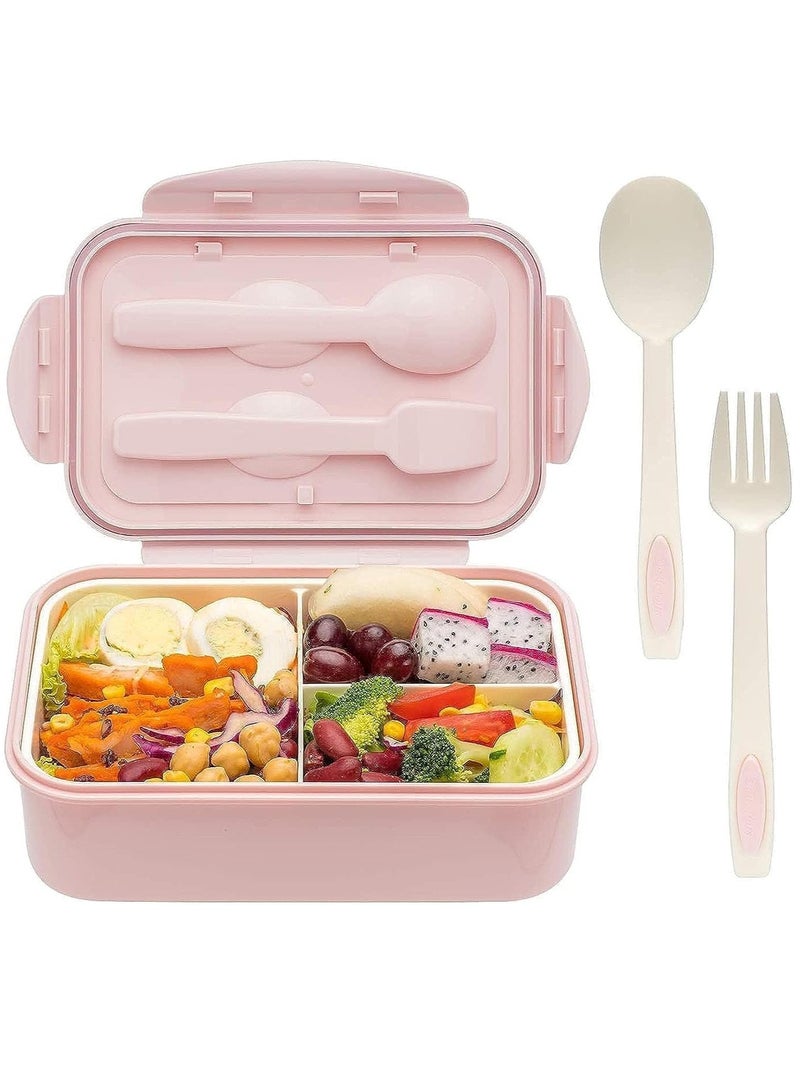 Bento Box, 3 Compartments 1400ml Lunch Box For Kids and Adults with Reusable Spoon and Fork, Leakproof Food Container for On the Go Meal, Microwave Safe (Pink)