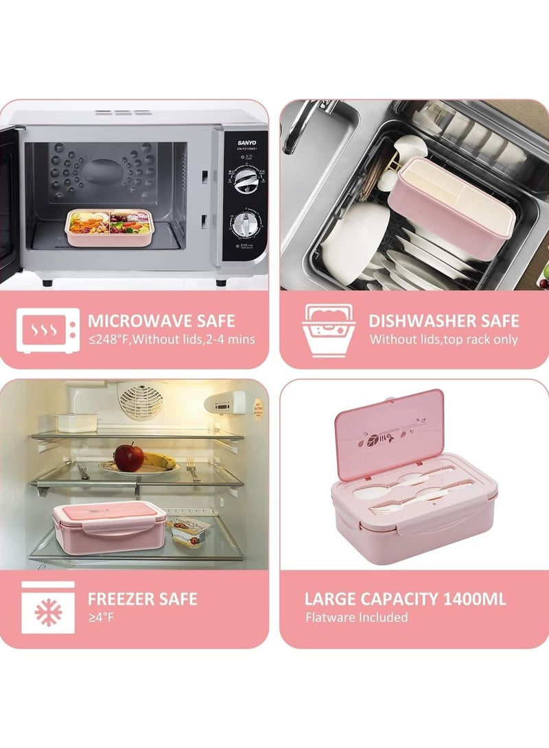 Bento Box, 3 Compartments 1400ml Lunch Box For Kids and Adults with Reusable Spoon and Fork, Leakproof Food Container for On the Go Meal, Microwave Safe (Pink)