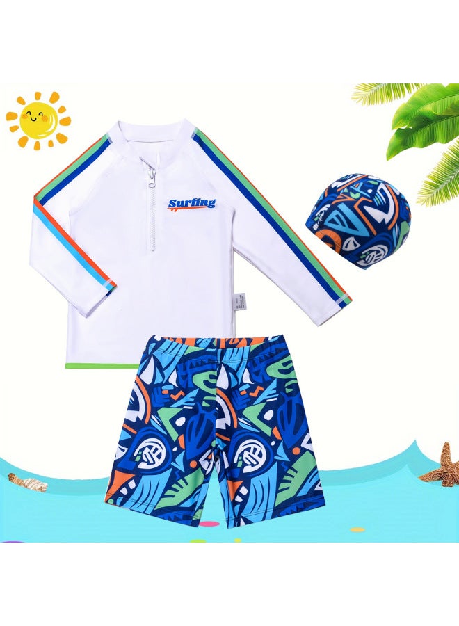 Children's New Swimwear Boys' Cartoon Long-sleeved Split Sunscreen Swimming Suit For Big Kids And Baby Boys Quick-drying Swimming Suit