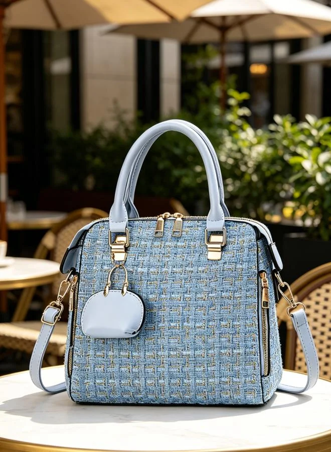 Take Two Light Blue Tweed Shoulder Bag with Charm