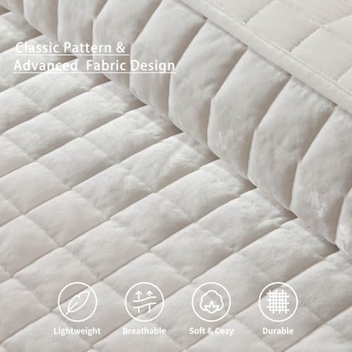 LEAONME Velvet Quilt Oversized California King-120''x120'', Lightweight White Velvet Comforter Set with 2 Pillow Shams, Oversized Bedspread Coverlet Quilted Bedding Set for All Season - Image 4