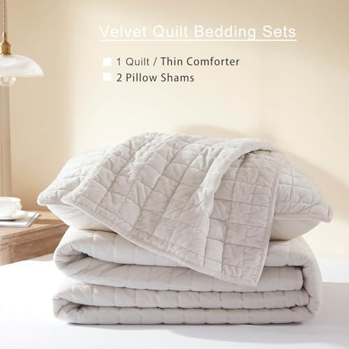 LEAONME Velvet Quilt Oversized California King-120''x120'', Lightweight White Velvet Comforter Set with 2 Pillow Shams, Oversized Bedspread Coverlet Quilted Bedding Set for All Season - Image 5