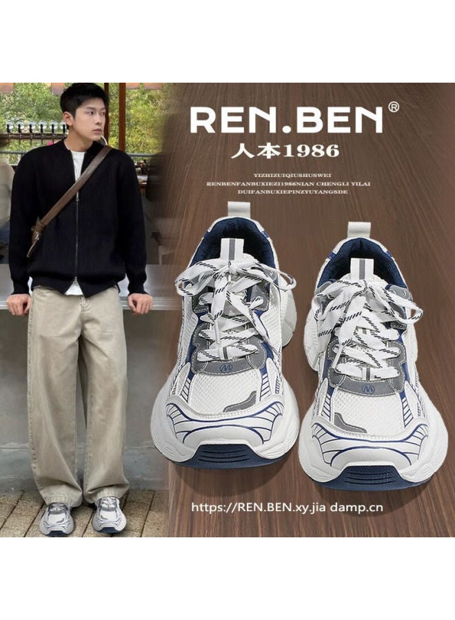 Renben Blue Vintage Dad Sneakers Breathable Mesh Spring Autumn High-value Thick Sole Height Increasing Men's Hiking Sports Shoes