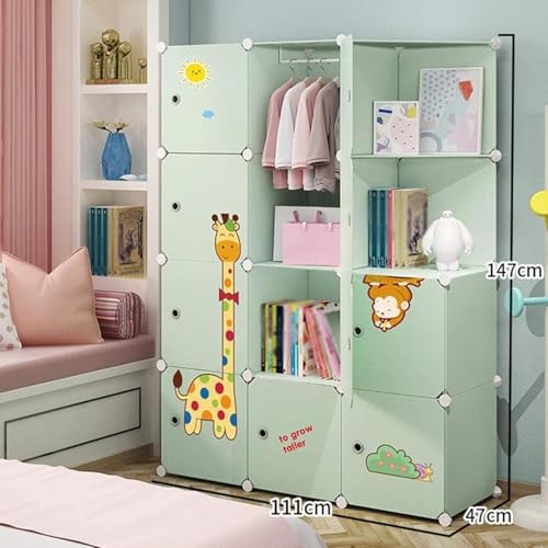 EXVITO Kids Portable DIY Cartoon Giraffe Wardrobe | Multi-Shelf Foldable Almirah for Baby Clothes Storage | 12 Door Plastic Kids Cupboard with Hanging Space & Drawers | Storage Organizer - Dyno Green - Image 2