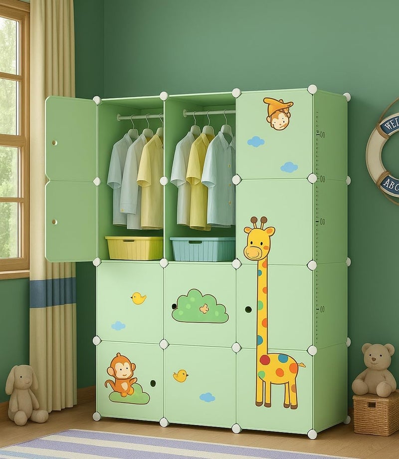 EXVITO Kids Portable DIY Cartoon Giraffe Wardrobe | Multi-Shelf Foldable Almirah for Baby Clothes Storage | 12 Door Plastic Kids Cupboard with Hanging Space & Drawers | Storage Organizer - Dyno Green - Image 1