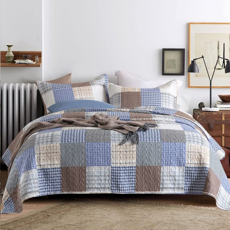 Secgo King Size Comforter Set- 100% Cotton Quilt King Size Set, Bule, Plaid bedspreads (96 * 108 Inch) with 2 Pillow Shams, Patchwork Reversible Lightweight Bedding - Image 1