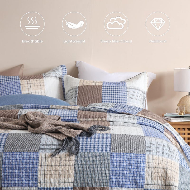 Secgo King Size Comforter Set- 100% Cotton Quilt King Size Set, Bule, Plaid bedspreads (96 * 108 Inch) with 2 Pillow Shams, Patchwork Reversible Lightweight Bedding - Image 3