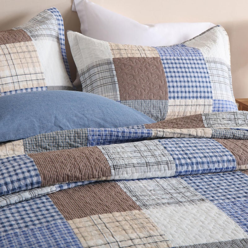 Secgo King Size Comforter Set- 100% Cotton Quilt King Size Set, Bule, Plaid bedspreads (96 * 108 Inch) with 2 Pillow Shams, Patchwork Reversible Lightweight Bedding - Image 2