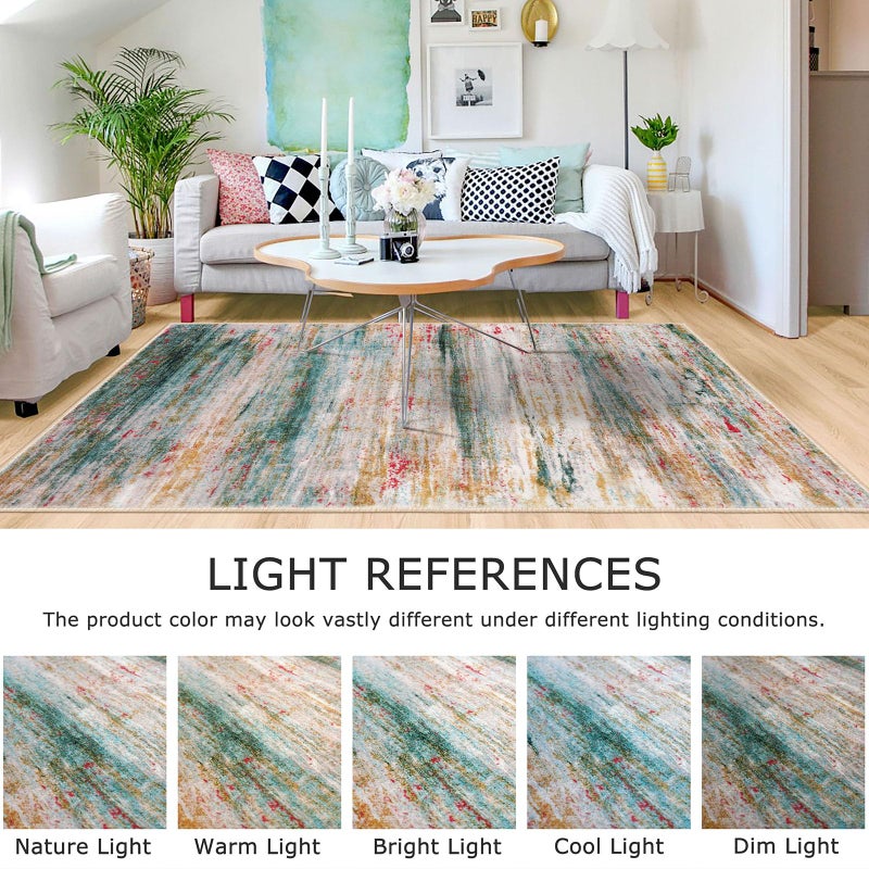 Kozyfly منطقة قابلة للغسل سجادة 5x7 سجاد أومبير الحديثة لغرفة المعيشة سجادة منطقة مخططة ناعمة لطيب غرفة نوم طباعة سجادة خضراء تجريدية لغسيل طفل غرفة الغسيل - Image 2