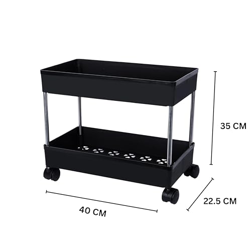 PULSBERY Multipurpose Plastic Trolley with Dish Rack for Kitchen Fruit Vegetable Storage Basket Modern Organizer - 2 Layer Stackable Shelf Cart Kitchenware Food, Snacks, Toys, Tiered Shelf (Black) - Image 2