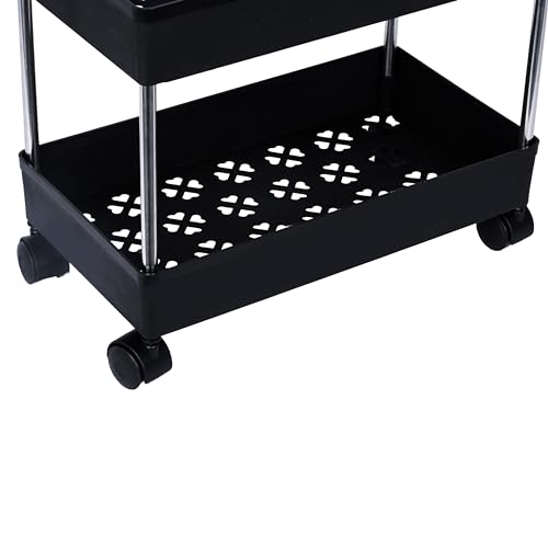 PULSBERY Multipurpose Plastic Trolley with Dish Rack for Kitchen Fruit Vegetable Storage Basket Modern Organizer - 2 Layer Stackable Shelf Cart Kitchenware Food, Snacks, Toys, Tiered Shelf (Black) - Image 5