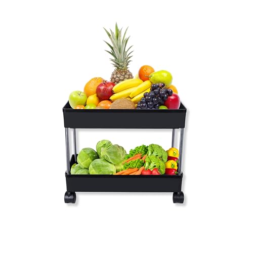 PULSBERY Multipurpose Plastic Trolley with Dish Rack for Kitchen Fruit Vegetable Storage Basket Modern Organizer - 2 Layer Stackable Shelf Cart Kitchenware Food, Snacks, Toys, Tiered Shelf (Black) - Image 1