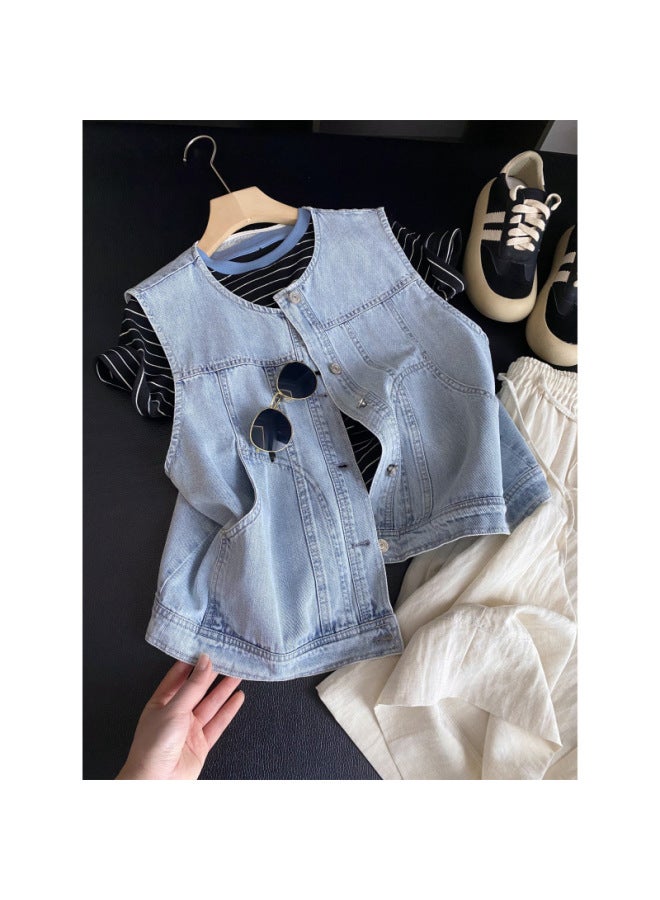 Fold Through The Body! Spring And Summer All-match Vintage Washed Denim Cotton Sleeveless Denim Vest Jacket Women's Fashion 