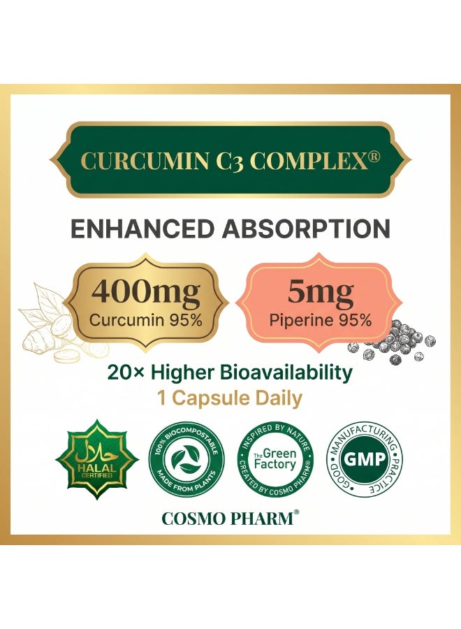 Cosmo Pharm Curcumin + Piperine 95% 400mg with C3 Complex | Supports Joints & Antioxidant Defense | 90 Vegetable Capsules - Image 5
