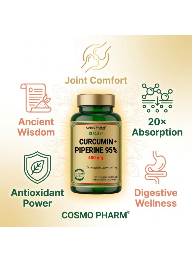Cosmo Pharm Curcumin + Piperine 95% 400mg with C3 Complex | Supports Joints & Antioxidant Defense | 90 Vegetable Capsules - Image 3