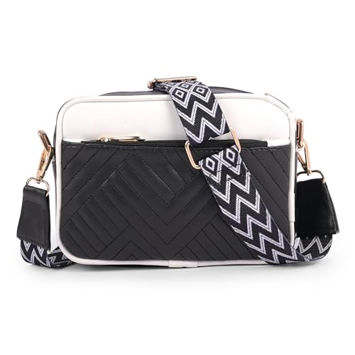 ADISA Women's Girls Color Block Cross Body Sling Bag with Printed Belt (SL5150-BLA-WHI) - Image 1
