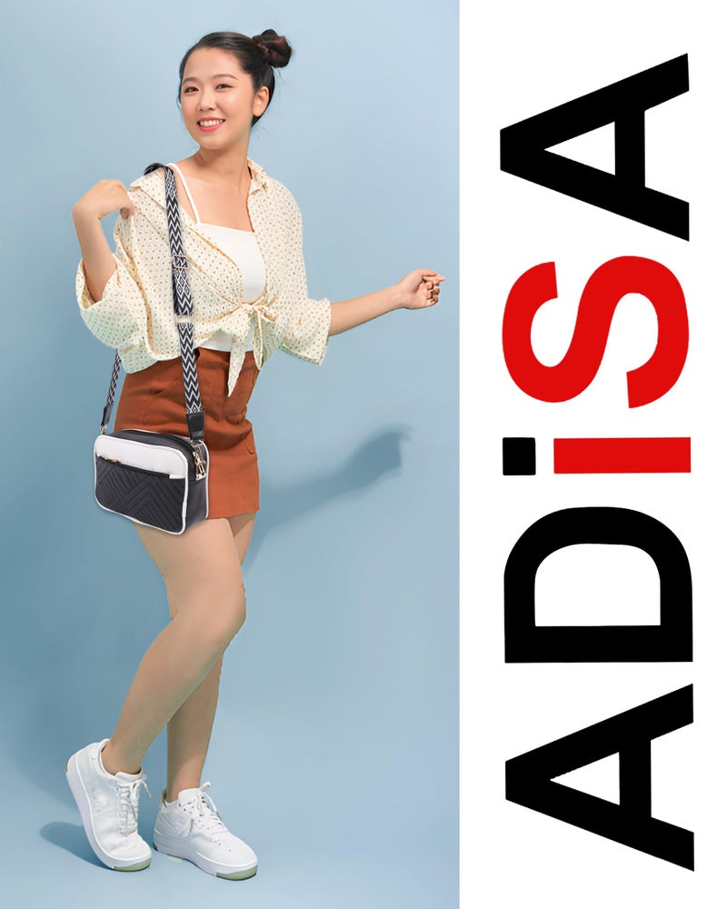 ADISA Women's Girls Color Block Cross Body Sling Bag with Printed Belt (SL5150-BLA-WHI) - Image 5