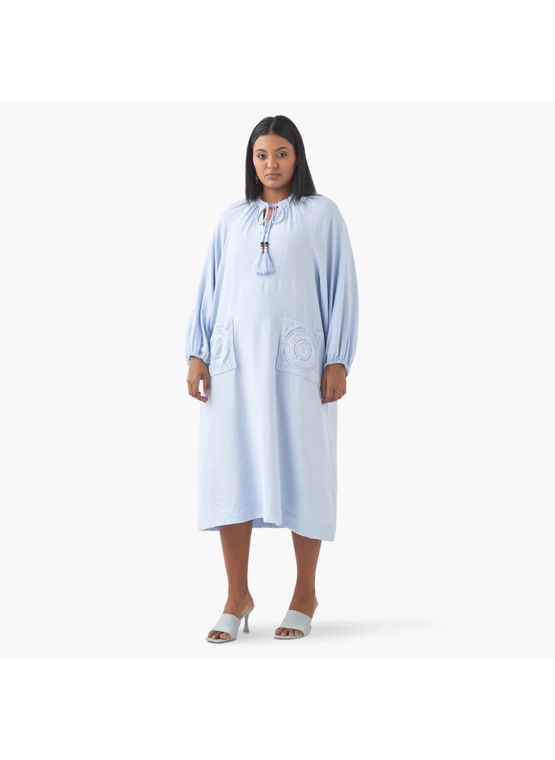  أولا بوبكن Plus Size Ulla Popken Crochet Pocket Dress with Tie-Up Neck