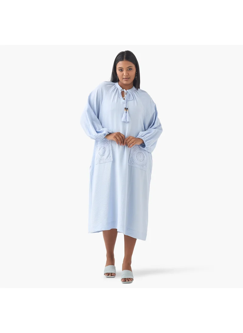  أولا بوبكن Plus Size Ulla Popken Crochet Pocket Dress with Tie-Up Neck