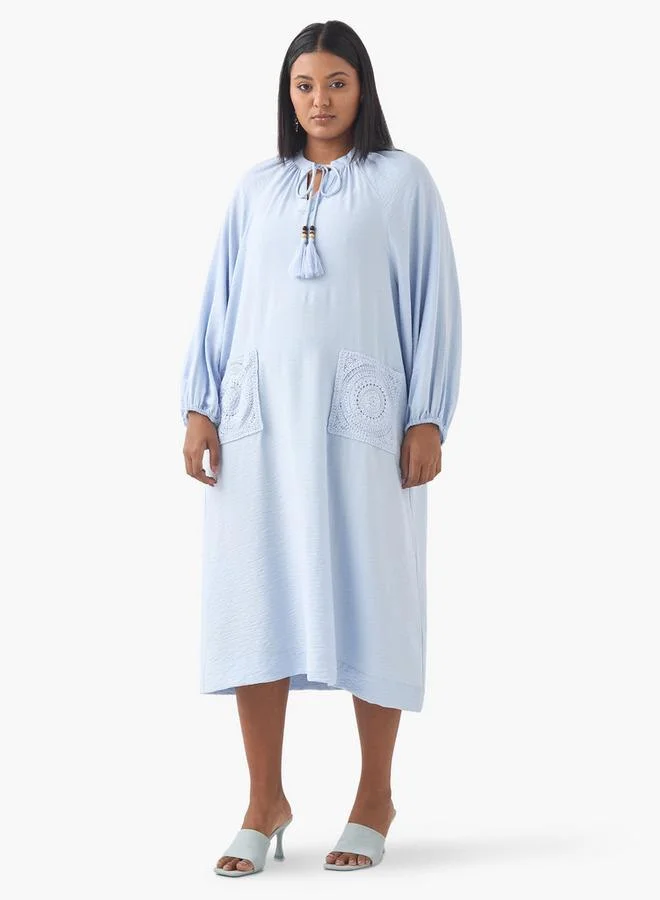 Ulla Popken Plus Size Ulla Popken Crochet Pocket Dress with Tie-Up Neck