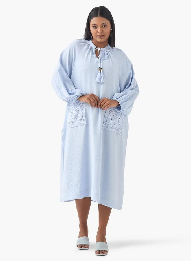 Ulla Popken Plus Size Ulla Popken Crochet Pocket Dress with Tie-Up Neck