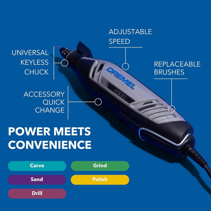 DREMEL طقم أدوات دوارة عالية الأداء 4300-5/40 مع ضوء LED - 5 ملحقات و 40 ملحقًا - مثالي للطحن والقطع ونحت الخشب والصنفرة والنقش - Image 3