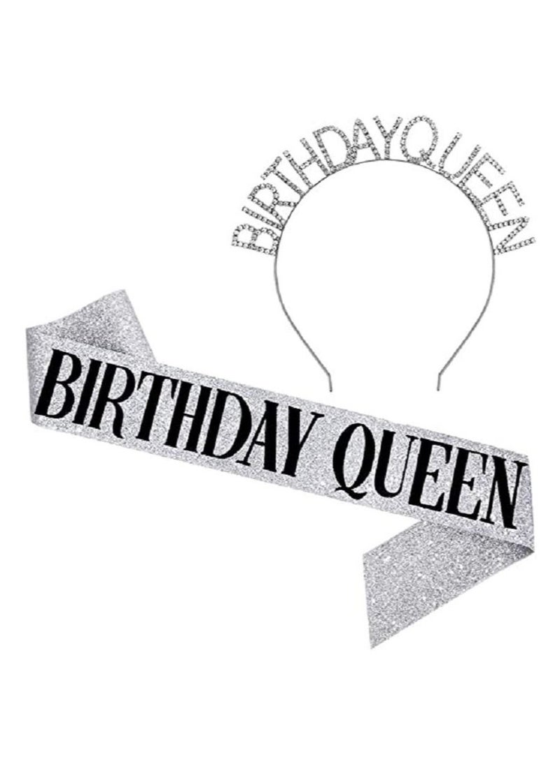 MARGOUN Birthday Queen Sash and Rhinestone Diamond Headband Set Girls Women Birthday Decoration Party Supplies Silver - Image 1