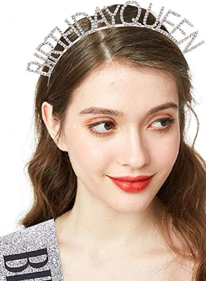MARGOUN Birthday Queen Sash and Rhinestone Diamond Headband Set Girls Women Birthday Decoration Party Supplies Silver - Image 2