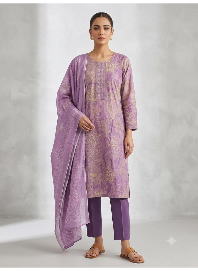 Women's Printed Purple Kurti Set with Trousers and Dupatta