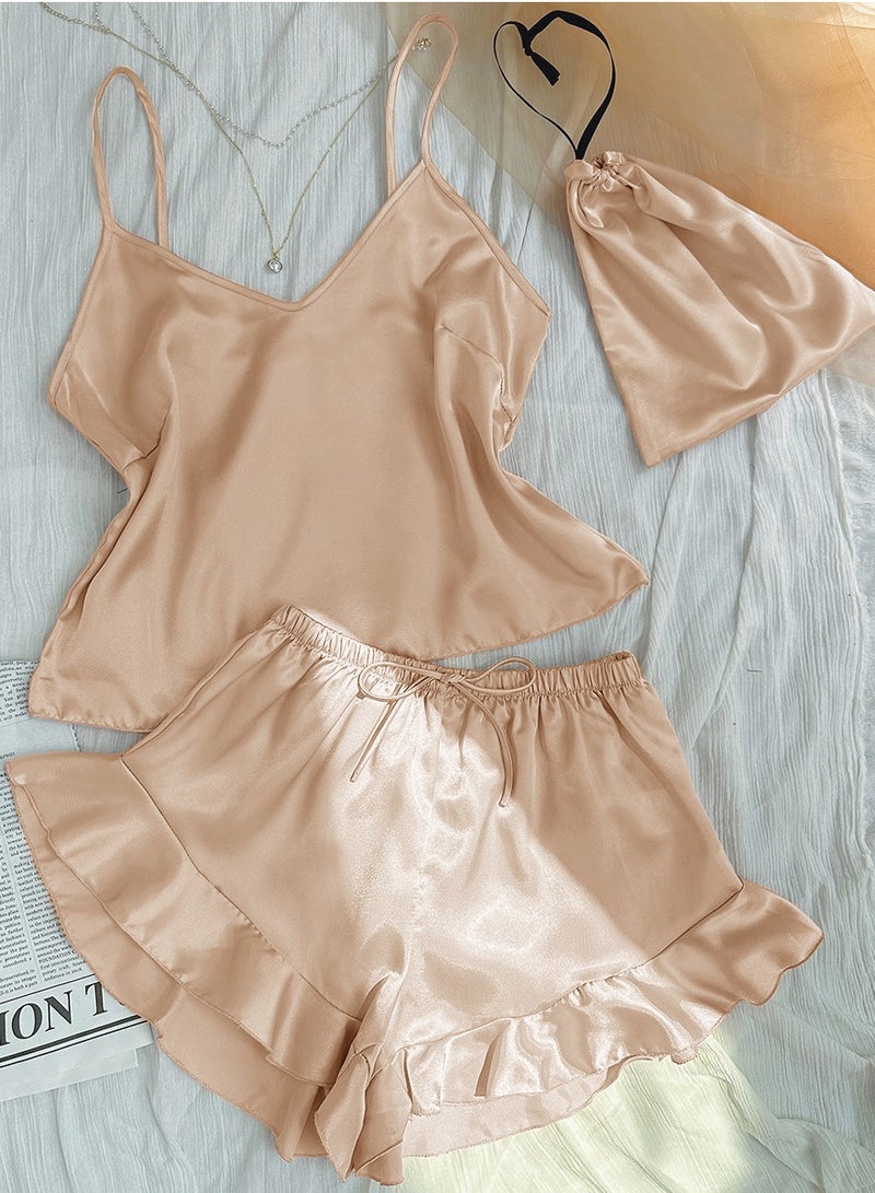 Loquat Women's Imitation Silk 3-Piece Set Nightgown Sleepwear Suspender Top,Shorts And Storage Bag Soft Loungewear Pajamas Suit Champagne