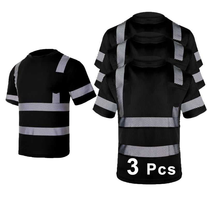 FONIRRA 3 Pcs Hi Vis Safety T Shirt for Men Class 1 ANSI Reflective High Visibility Short Sleeves Construction Work Shirt Black