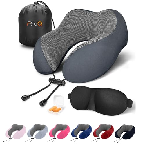 ProQ Neck Pillow for Travelling - Travel Pillow for Flights - Memory Foam Neck Pillow - Travel Neck Rest Pillows - Traveling Pillow for Men, Women Travelling Accessories, Lightweight, Portable, Grey - Image 1