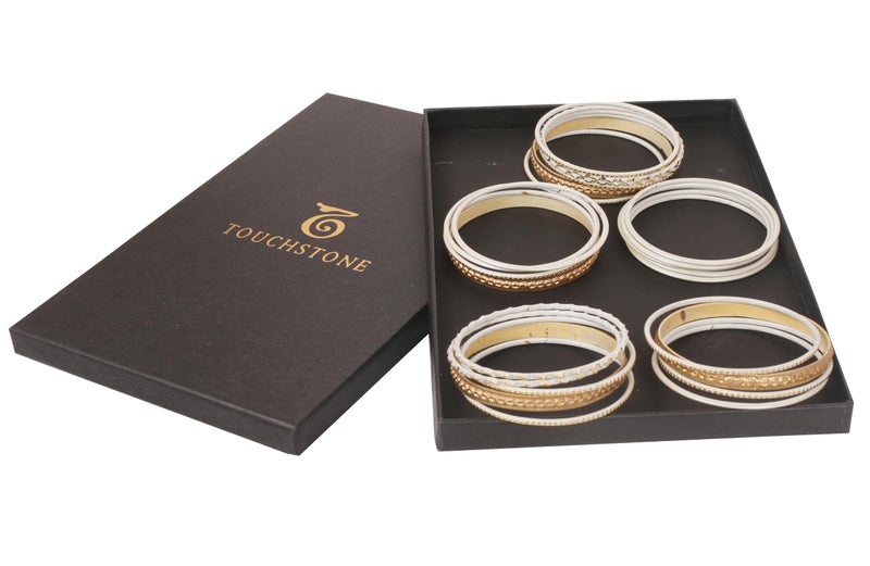 Touchstone "Colorful 2 Dozen Bangle Collection Indian Bollywood Textured White Golden Colors Designer Jewelry Bangle Bracelets Set of 24 In Antique Gold Tone For Women. - Image 5