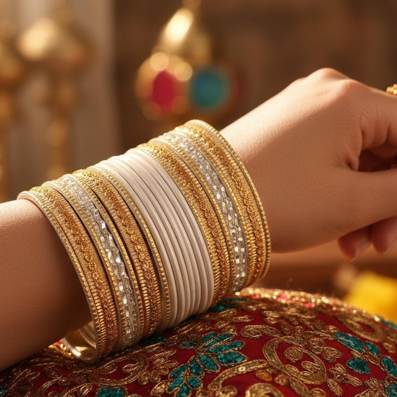 Touchstone "Colorful 2 Dozen Bangle Collection Indian Bollywood Textured White Golden Colors Designer Jewelry Bangle Bracelets Set of 24 In Antique Gold Tone For Women. - Image 2