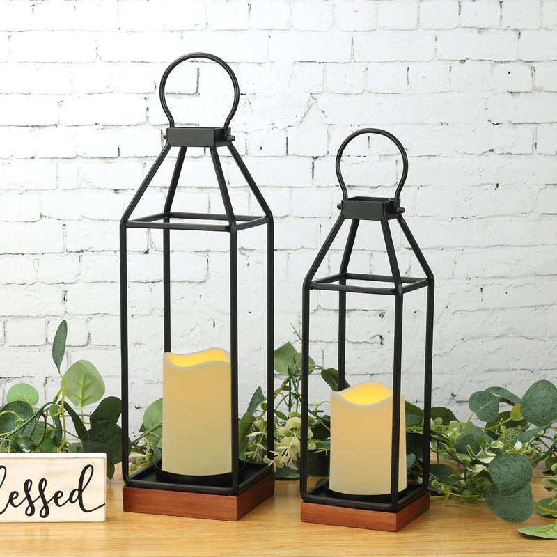 Perfnique Metal Lanterns w/ Pine Wood, Set of 2 Farmhouse Lantern Decorative w/ Waterproof Flameless Candle & Remote Timer, Modern Farmhouse Candle Holder for Outdoor, Porch, Fireplace(Wood Base) - Image 2