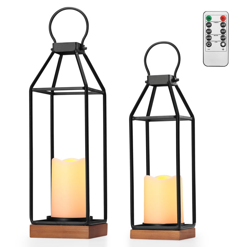 Perfnique Metal Lanterns w/ Pine Wood, Set of 2 Farmhouse Lantern Decorative w/ Waterproof Flameless Candle & Remote Timer, Modern Farmhouse Candle Holder for Outdoor, Porch, Fireplace(Wood Base) - Image 1