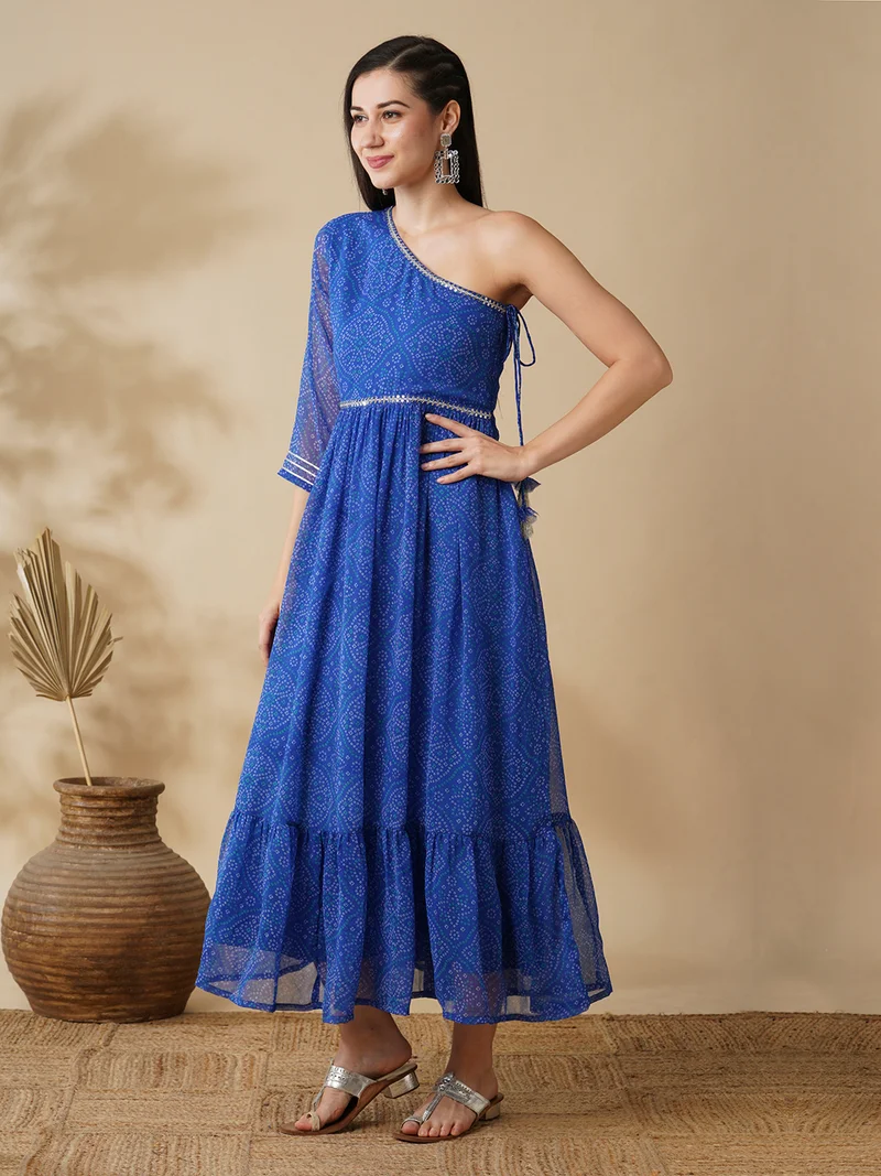 globus Globus Women Bandhani Print & Embroidered One Shoulder Fit & Flared Maxi Festive Dress