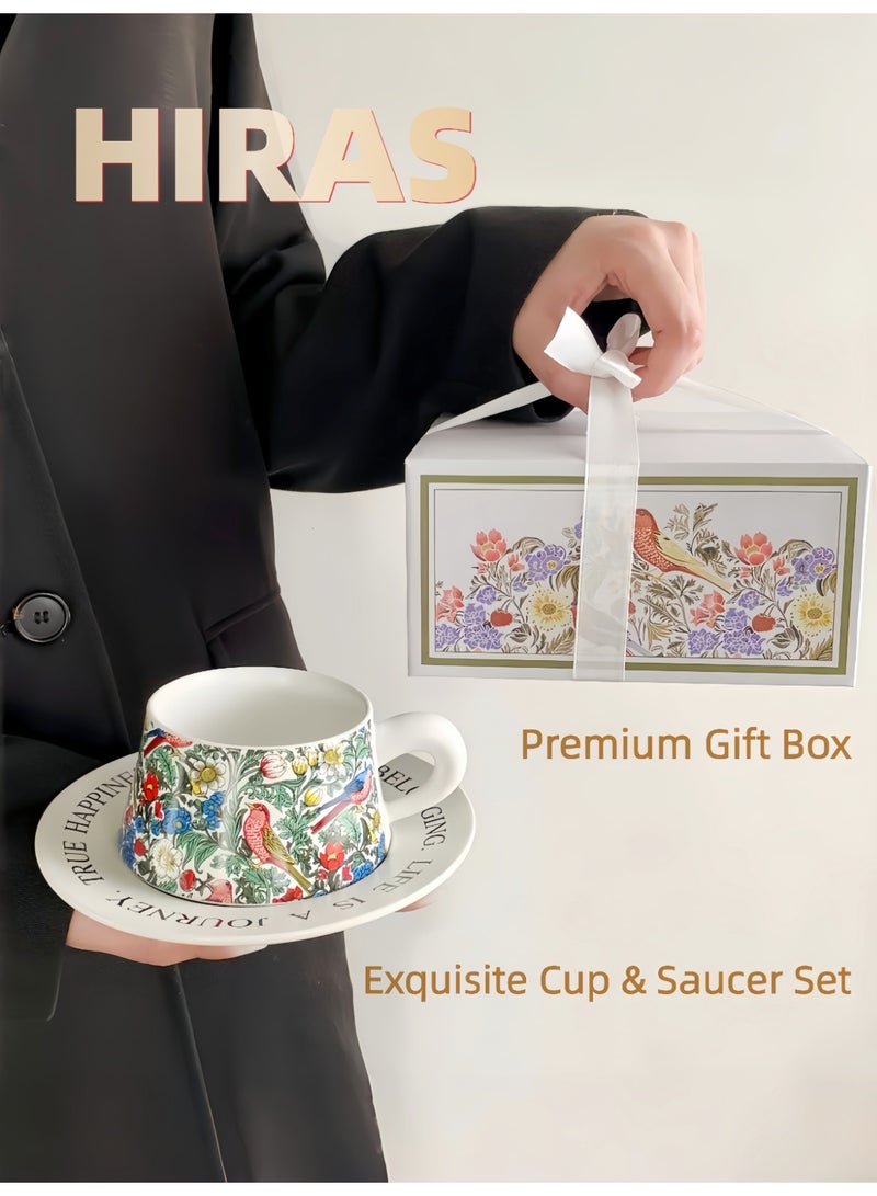 Hiras Vintage Floral Bird Watercolor Ceramic Tea Cup and Saucer Sets Coffee Mug Set Gift Box 260 ML Capacity Perfect for Various Occasions - Image 1