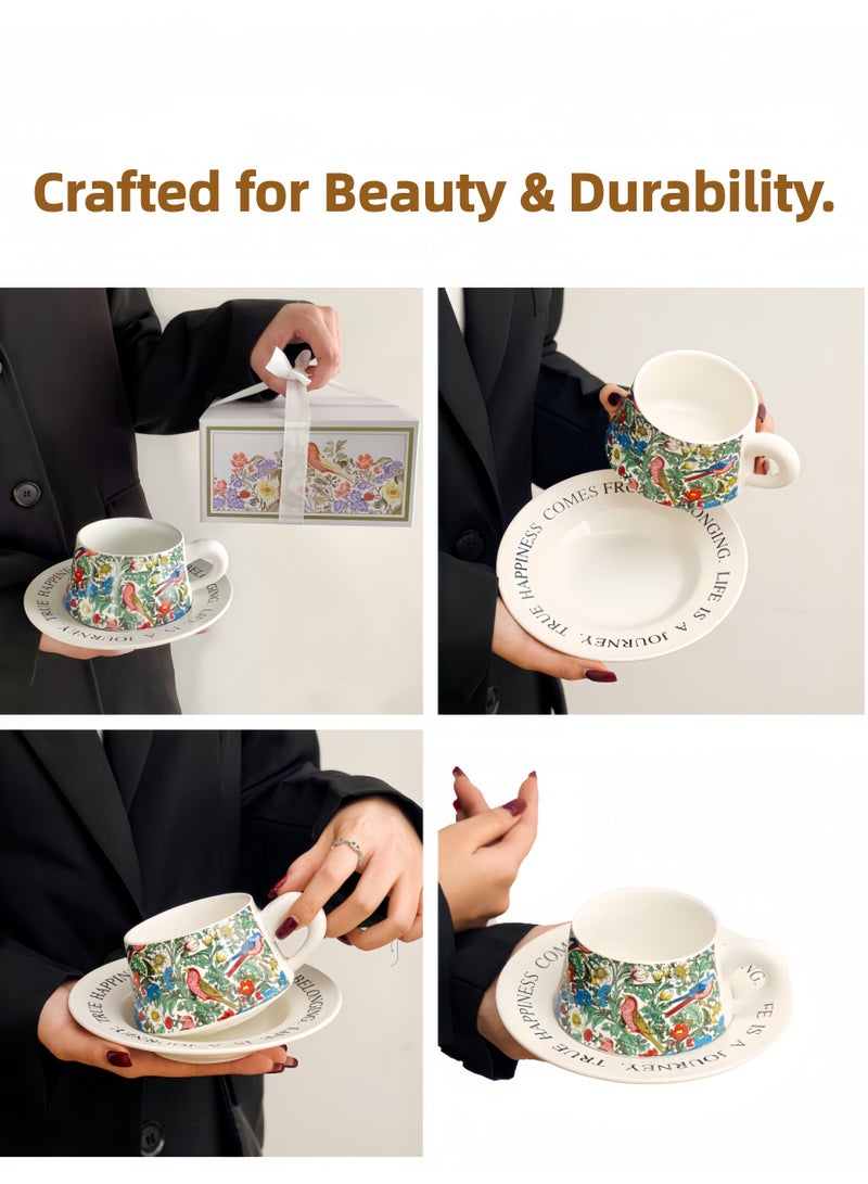 Hiras Vintage Floral Bird Watercolor Ceramic Tea Cup and Saucer Sets Coffee Mug Set Gift Box 260 ML Capacity Perfect for Various Occasions - Image 2
