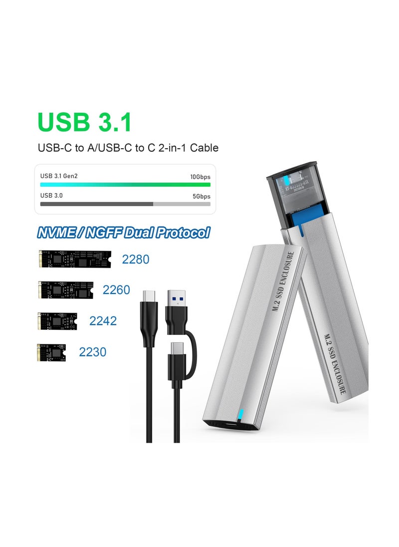 SYOSI - M.2 SSD Case, USB 3.1 Gen2 10Gbps M.2 NVMe SATA SSD, Fit for 2230/2242/2260/2280 M.2 PCIe NVMe M-Key & M+B Key SSD, Support UASP Trim, Compatible with Windows, Linux and Mac-Silver, Tool-Free - Image 1