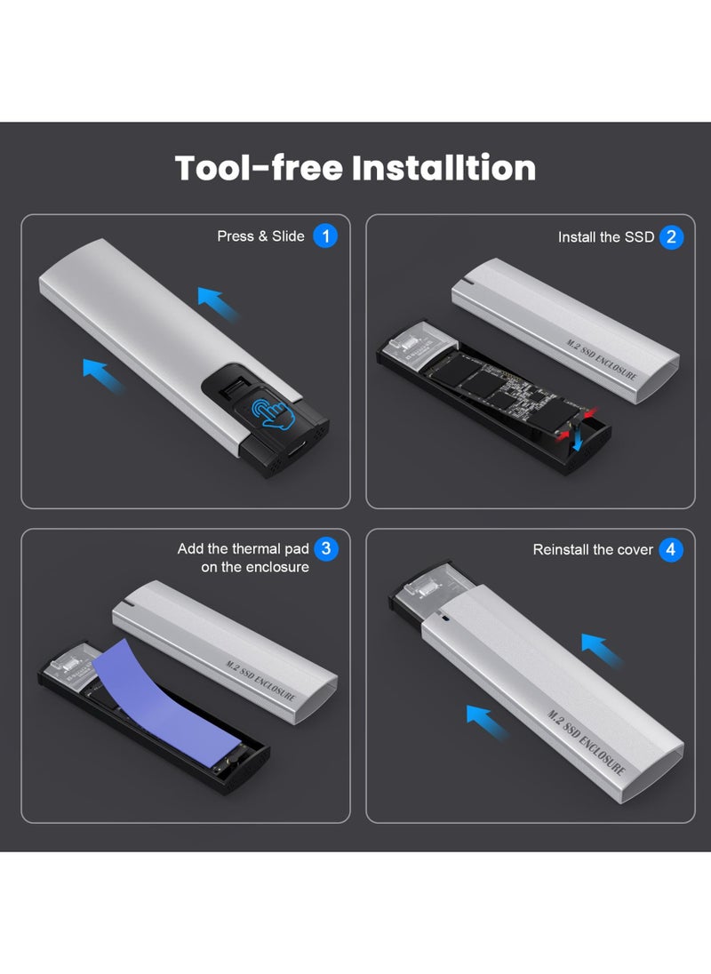 SYOSI - M.2 SSD Case, USB 3.1 Gen2 10Gbps M.2 NVMe SATA SSD, Fit for 2230/2242/2260/2280 M.2 PCIe NVMe M-Key & M+B Key SSD, Support UASP Trim, Compatible with Windows, Linux and Mac-Silver, Tool-Free - Image 1