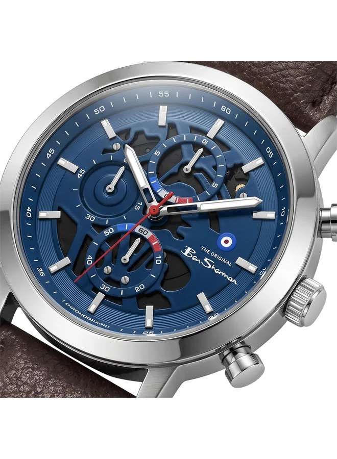 بين شيرمان Nottingham Blue Dial Silver Genuine Leather Strap Chronograph Watch for Men, 44mm
