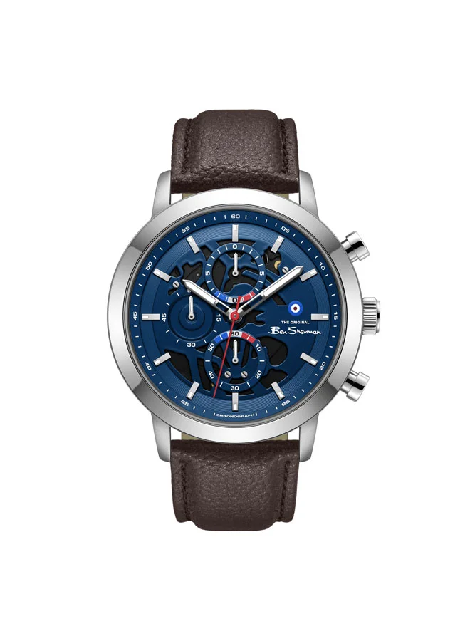 بين شيرمان Nottingham Blue Dial Silver Genuine Leather Strap Chronograph Watch for Men, 44mm