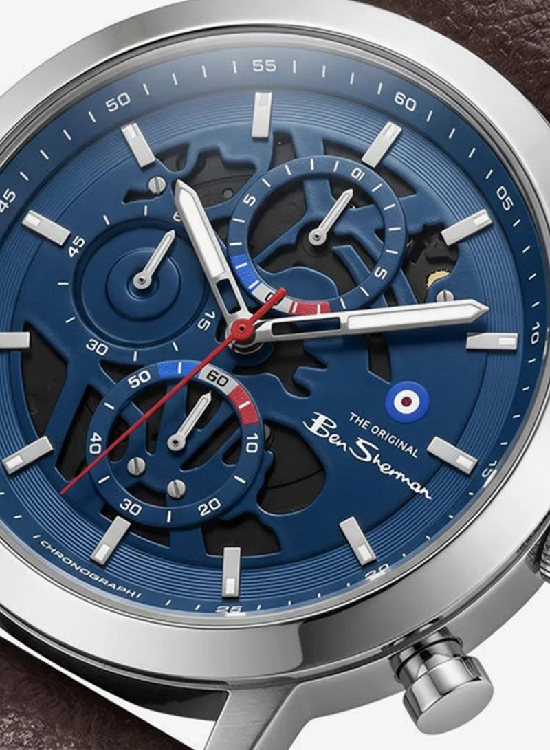 بين شيرمان Nottingham Blue Dial Silver Genuine Leather Strap Chronograph Watch for Men, 44mm